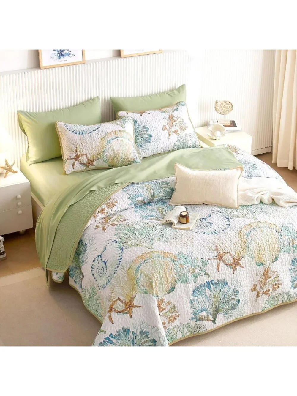 Coastal Nautical Quilt Set - Reversible Lightweight Bedspread, 3-Piece King Size